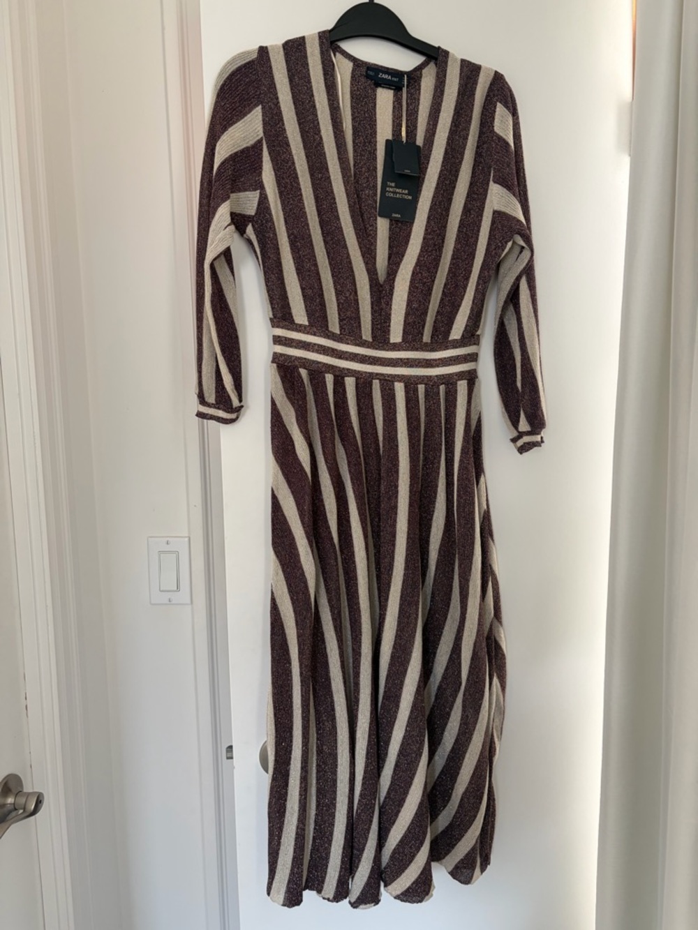 Zara Striped V-Neck Maxi Dress in Cream and Brown